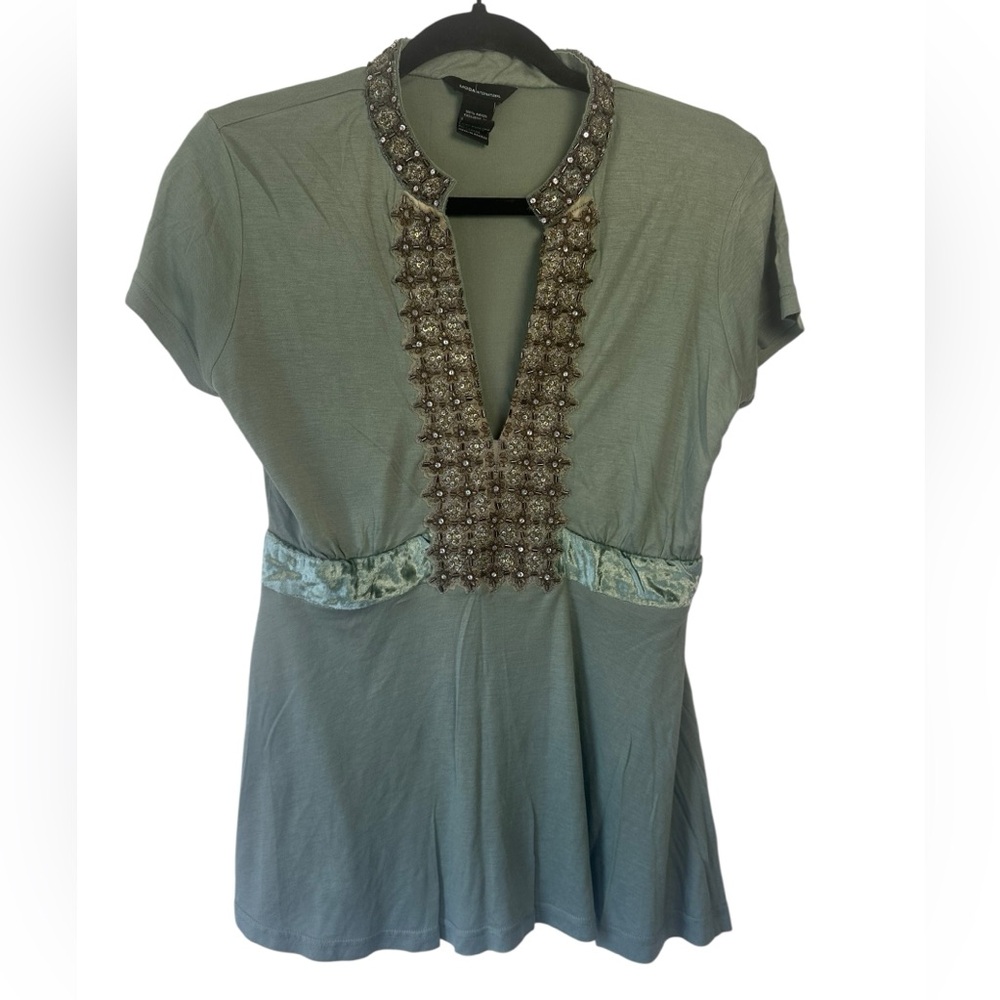 Moda International Olive Green V Neck Y2K Top‎ Beaded Detail Fairycore Coquette